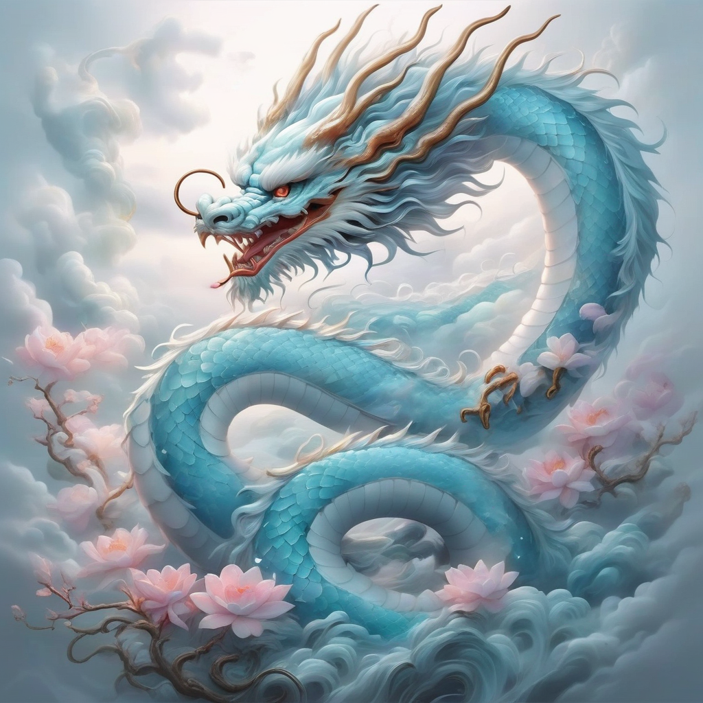 an image of light blue and white chinese dragon ,flowers,hills,river,cloud,CN_SP style<lora:20240205_spring_dragon_checkpoint-4000:1.0>