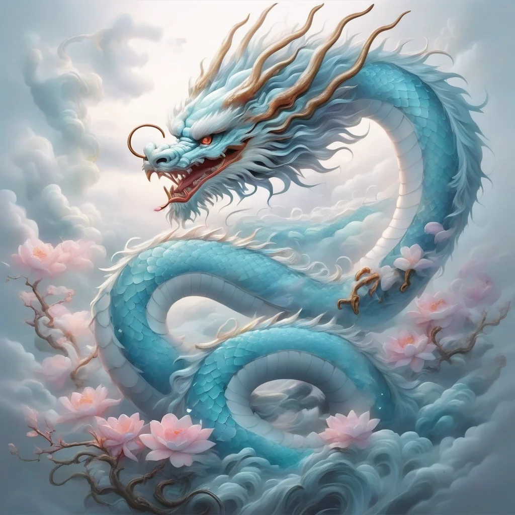 an image of light blue and white chinese dragon ,flowers,hills,river,cloud,CN_SP style<lora:20240205_spring_dragon_checkpoint-4000:1.0>