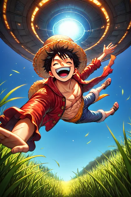 score_9, score_8_up, score_7_up, score_6_up, score_5_up, score_4_up, <lora:LUFFY_pony_XL:0.8>, Luffy, jacket, scar on chest, straw hat, black hair, laughing, <lora:Alien_abduction-000011:0.8>, 1boy, solo, alone, alien_abduction, abduction, ufo, tractor beam, spacecraft, floating, from below, low-angle shot, grass, field, masterpiece, highres,