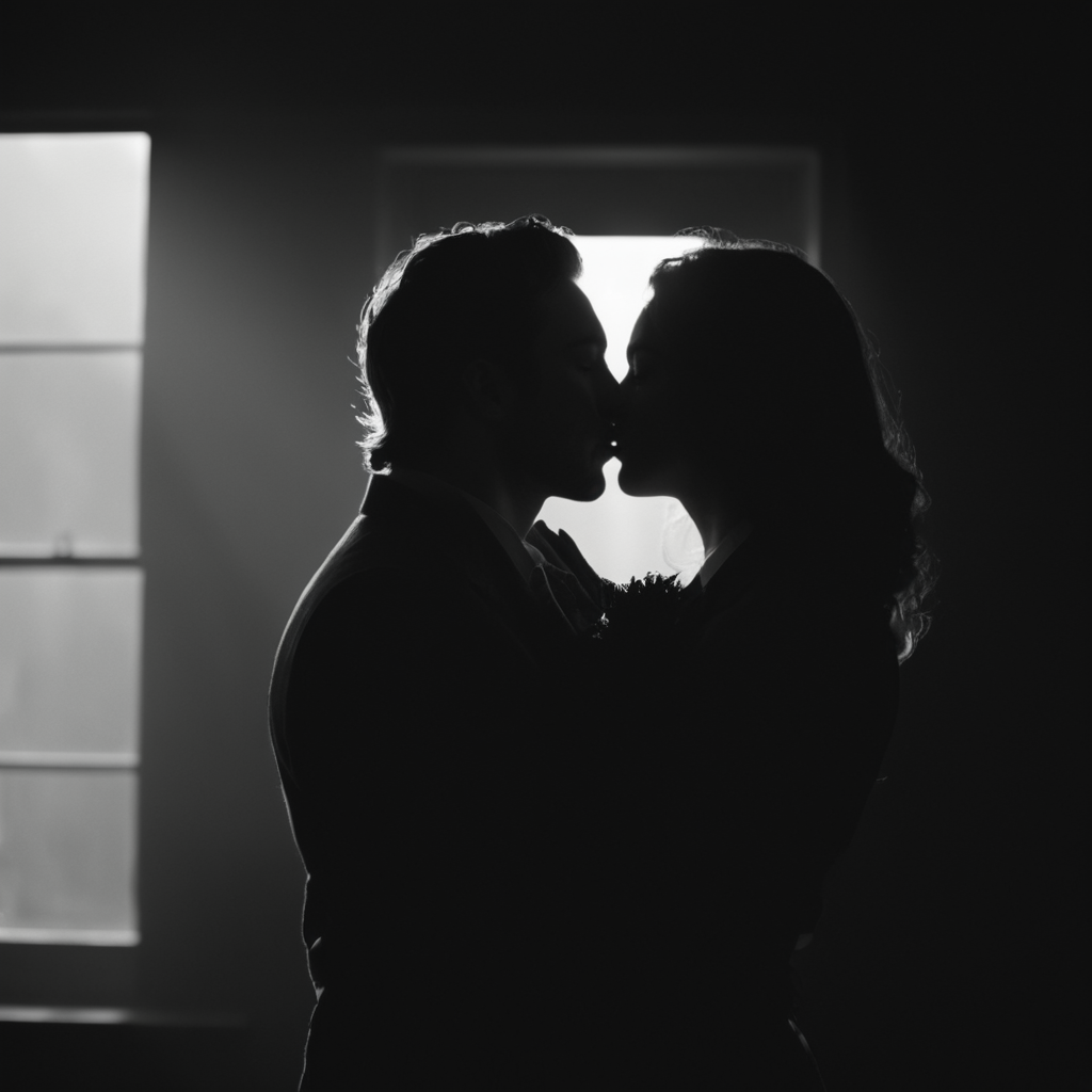 cinematic film still of  <lora:silhouette style:1>
A silhouette photo of a couple kissing in front of a window,long hair,short hair,multiple girls,1boy,2girls,monochrome,indoors,yuri,from side,window,silhouette,dark different shadow patterns, different shadows, cinematic, filmic, different colors, creative cinematography, covered in shadow, perfect shadow, detailed shadow, detailed background, detailed environment, award winning cinematography, casting shadow, film contrast, film saturation, high quality, 8k, silhouette style, shallow depth of field, vignette, highly detailed, high budget, bokeh, cinemascope, moody, epic, gorgeous, film grain, grainy