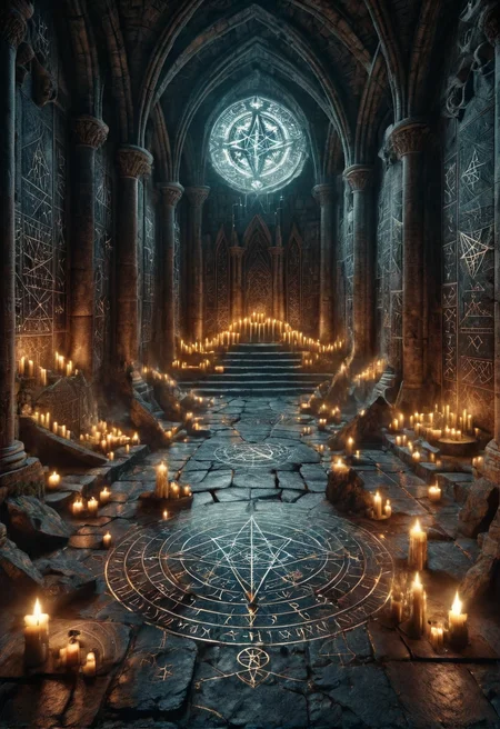 ais-rcn, a dark summoning chamber hidden beneath a deserted castle, with a large pentagram etched into the stone floor, surrounded by candles flickering in an unseen breeze <lora:ais-rcn-sdxl:1>, cinematic