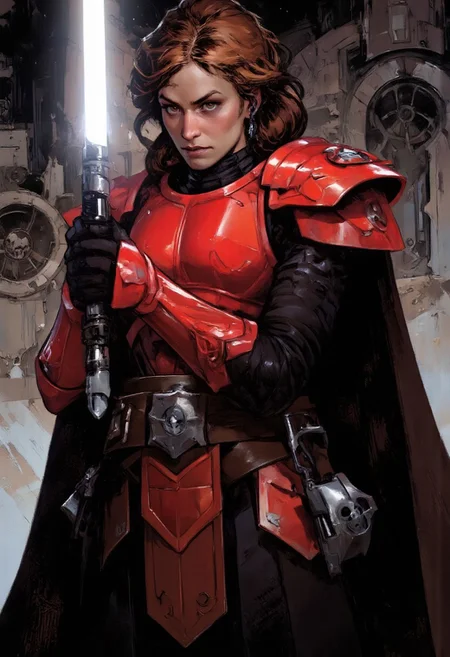 Niji Stan Katayama Comic book illustration by Fiona Staples of a fierce female medieval warrior wearing red Imperial Knight Armor, she has frizzy auburn hair, she is holding a glowing white lightsaber in front of her.