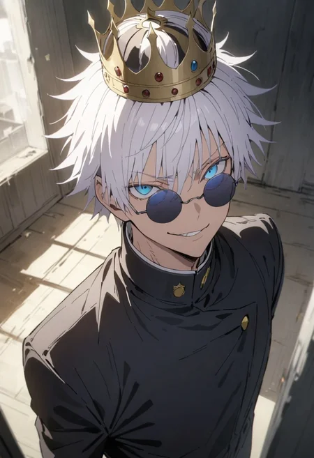 score_9, score_8_up, score_7_up, score_6_up, masterpiece, best quality, absurdres, cinematic, perfect composition, solo, 1boy, gojou satoru, blue eyes, white hair, crown on head, round sunglasses, jacket, black jacket, gakuran, school uniform, high collar, smirk, standing, looking at viewer,