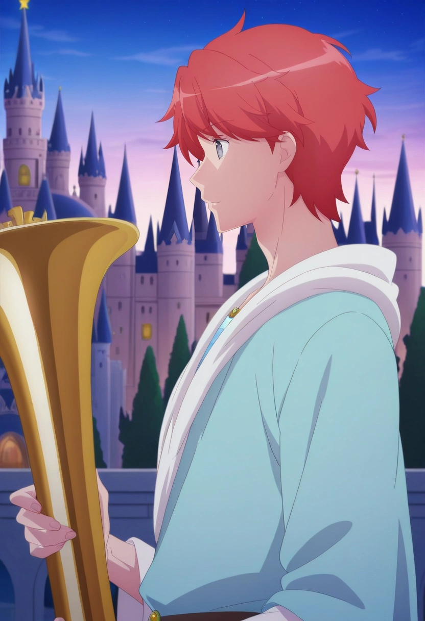 masterpiece, best quality, , anime screencap, anime coloring, official style,, 1boy, solo, male focus, <lora:sirius_dieke_ilxl:1>, sirius_dieke, red hair, grey eyes, short hair, , profile, disneyland, midnight, holding instrument, distracted, aloof, oblivious, greek costume