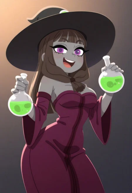 masterpiece, best quality, absurdres, highres, newest, <lora:witch-mt-richy-v1_ixl:1> mtwtch, dark grey skin, purple eyes, brown hair, long hair, front braid, single braid, blunt bangs, witch hat, black hat, purple dress, bare shoulders, strapless, breasts, detached sleeves, looking at viewer, smile, potion, round-bottom flask, holding flask, smug, open mouth