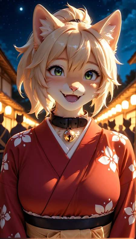 masterpiece, best quality, amazing quality, very aesthetic, high resolution, ultra-detailed, absurdres, newest, scenery, furry, anthro, {Prompt}, BREAK, detailed background, detailed hair, depth of field, detailed fluffy fur, photorealistic details, night time,HDeyes,
BREAK
Page,1girl,solo,furry female,cat girl,blonde hair,ponytail,cat ears,animal ear fluff,green eyes,animal nose,collar,neck bell,body fur,cat tail,
BREAK
Red Kimono,bonodori,night, happy,smile, laughing, people blurred out, looking at veiwer, head shot, veiwed from front, close up, (focus face:1.3)