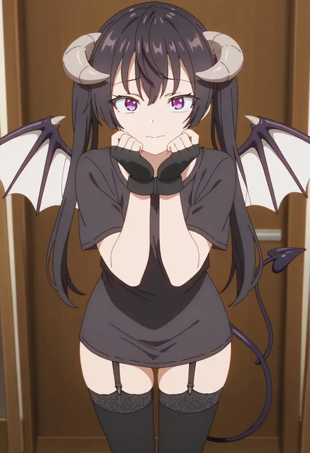 masterpiece,best quality,amazing quality, , yuki suou, long hair, black hair, purple eyes, 1girl, solo, wings, thighhighs, horns, twintails, tail, fingerless gloves, demon tail, gloves, garter straps, black thighhighs, anime coloring