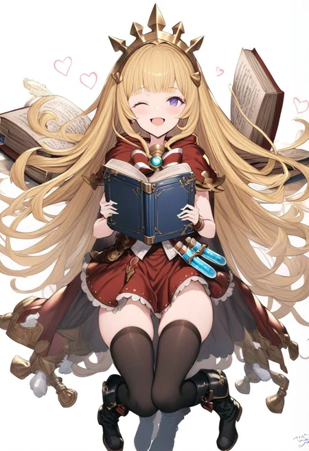 masterpiece, best quality, ultra-detailed, beautiful, nai3, 1girl, solo, full_body, tachi-e,
cagliostro \(granblue fantasy\), 1girl, ;d, arm guards, black footwear, black thighhighs, blonde hair, blunt bangs, blush, book, boots, bracelet, cape, full body, glowing, heart, holding, holding book, jewelry, knee boots, knees together feet apart, liquid, long hair, looking at viewer, one eye closed, open book, open mouth, purple eyes, red ribbon, red skirt, ribbon, signature, simple background, skirt, smile, solo, test tube, thighhighs, v, very long hair, white background