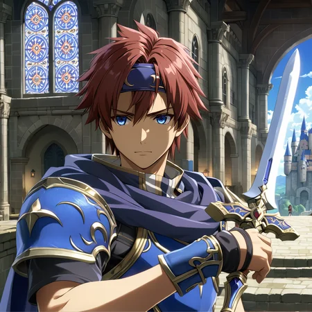 1boy, man holding sword, RoySFXL <lora:RoySFXL:.95>, castle, hands, face, eyes, headband, (anime, masterpiece, intricate:1.3), (best quality, hires textures, high detail:1.2), (4k),(incredibly detailed:1.4),UHD, 8K, ultra detailed