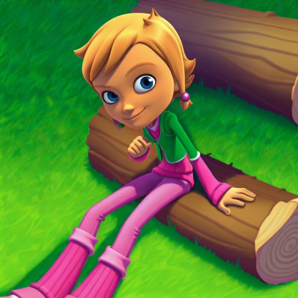 score_9, solo, cathy_mbc, 1girl, blonde_hair, short hair, hair bobbles, blue eyes, sweater, vest jacket, pants, sitting, log, grass, smile, looking at viewer