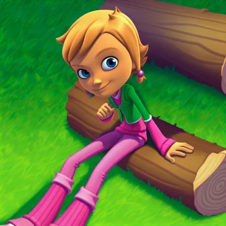 score_9, solo, cathy_mbc, 1girl, blonde_hair, short hair, hair bobbles, blue eyes, sweater, vest jacket, pants, sitting, log, grass, smile, looking at viewer