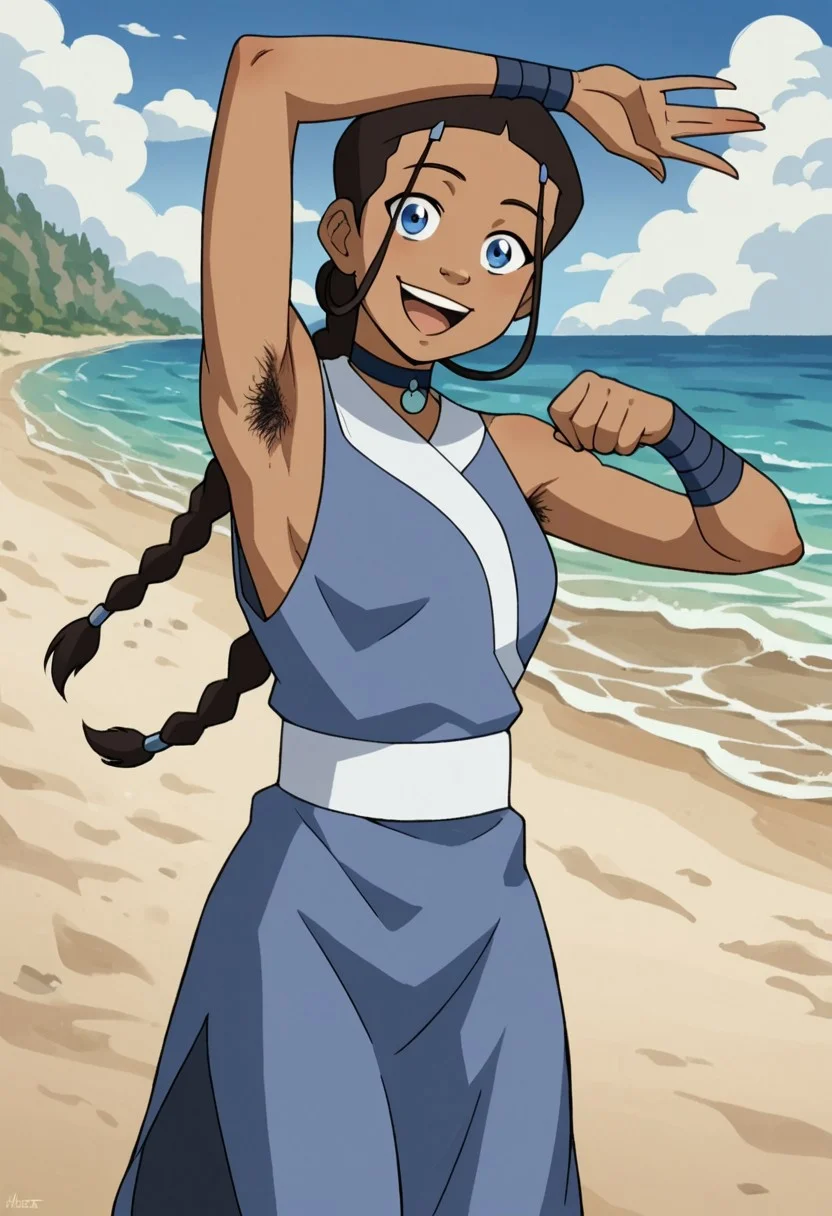 score_9, score_8_up, score_7_up, source_anime, <lora:katara-book2-ponyxl-lora-nochekaiser:1>, katara, long hair, blue eyes, brown hair, black hair, hair ornament, hairclip, braid, single braid, braided ponytail, dark skin, dark-skinned female, choker, sleeveless, loose robe, blue robe, no bra, beach, solo, arm raised, waiving, happy, excited, hairy armpit