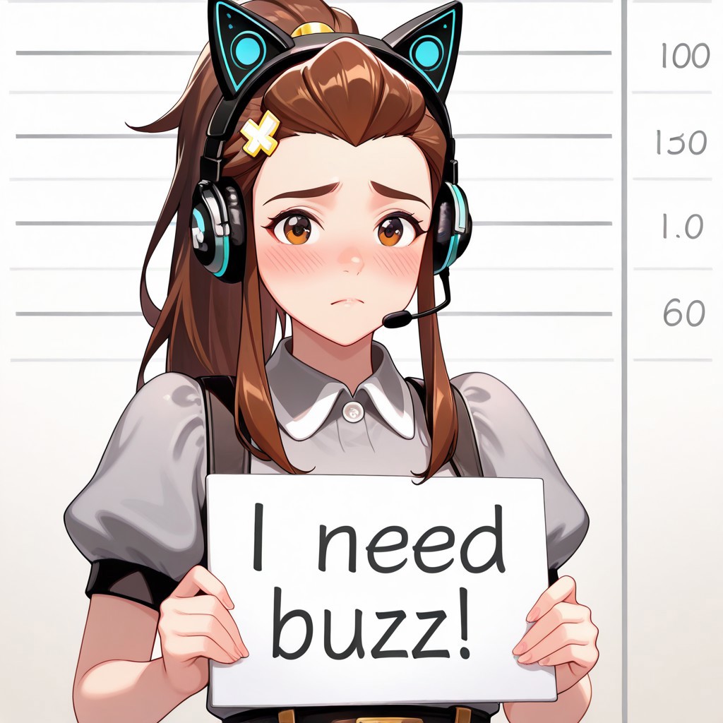 score_9, score_8_up, score_7_up, score_6_up, anime, beautiful, stunning, masterpiece, best quality, amazing quality,
brigitte (overwatch), brown hair, long hair, ponytail, brown eyes,
need_buzz, holding sign, need_buzz,
1girl, solo, animal ear headphones, sign, holding, headphones, long hair, looking at viewer, shirt, headset, cat ear headphones, short sleeves, grey shirt, collared shirt, upper body, closed mouth, frown, two side up, hair ornament, blush, sidelocks, height chart, puffy sleeves,