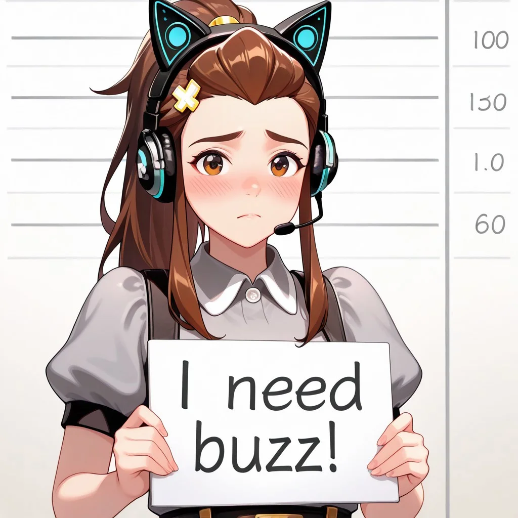 score_9, score_8_up, score_7_up, score_6_up, anime, beautiful, stunning, masterpiece, best quality, amazing quality,
brigitte (overwatch), brown hair, long hair, ponytail, brown eyes,
need_buzz, holding sign, need_buzz,
1girl, solo, animal ear headphones, sign, holding, headphones, long hair, looking at viewer, shirt, headset, cat ear headphones, short sleeves, grey shirt, collared shirt, upper body, closed mouth, frown, two side up, hair ornament, blush, sidelocks, height chart, puffy sleeves,