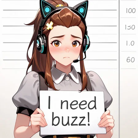 score_9, score_8_up, score_7_up, score_6_up, anime, beautiful, stunning, masterpiece, best quality, amazing quality,
brigitte (overwatch), brown hair, long hair, ponytail, brown eyes,
need_buzz, holding sign, need_buzz,
1girl, solo, animal ear headphones, sign, holding, headphones, long hair, looking at viewer, shirt, headset, cat ear headphones, short sleeves, grey shirt, collared shirt, upper body, closed mouth, frown, two side up, hair ornament, blush, sidelocks, height chart, puffy sleeves,