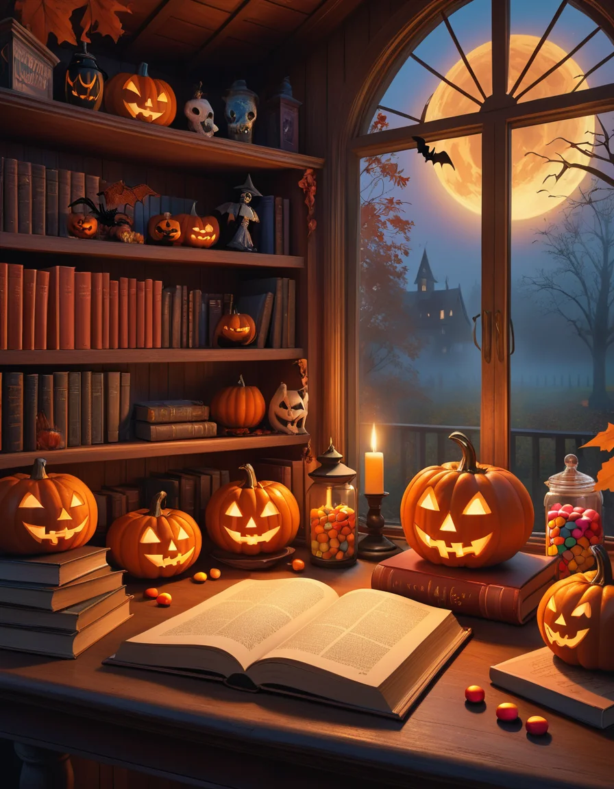score_9, score_8_up, score_7_up, photography, photorealism, UHD, highly detailed, realistic, extremely detailed, photorealistic, books on shelves in a solarium at dusk in autumn mist, halloween decorations and candy on a table