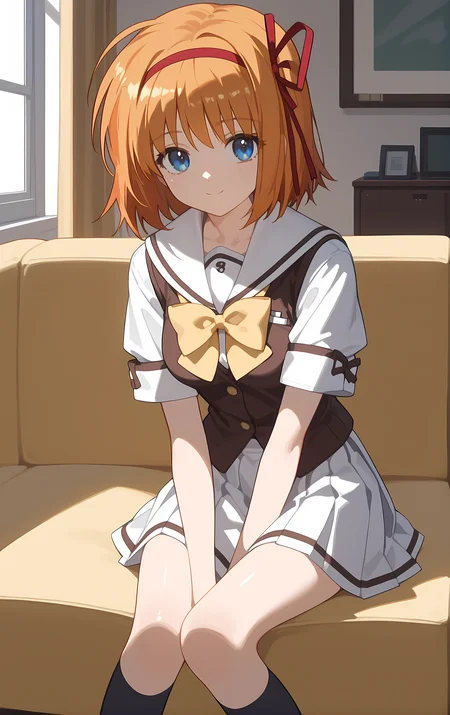 (score_9,score_8_up,score_7_up),light smile, shiny skin,ohwx, 1girl, solo, ribbon, red_ribbon, red_hairband, hair_ribbon, blue_eyes, orange_hair, short_hair, hairband, breasts,school_uniform, bow, yellow_bow, white_sailor_collar, serafuku, white_skirt, yellow_bowtie, vest, bowtie, kneehighs, socks, indoors, sofa,<lora:kaede_fuyou_pony_sobsynapse-000003:1>