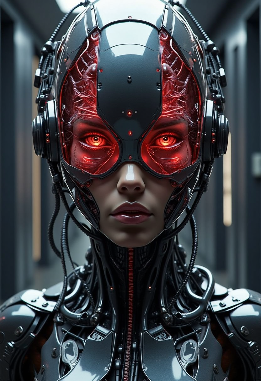 yfg-f@ce, Dramatic cinematic still. A futuristic female android with a sleek, metallic face and glowing red circuitry gazes forward in a dimly lit, sterile corridor; intricate neural systems illuminate through her transparent mechanical head, blending human beauty with advanced cybernetic design.