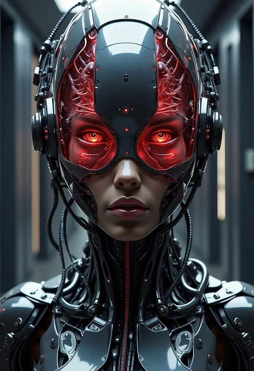 yfg-f@ce, Dramatic cinematic still. A futuristic female android with a sleek, metallic face and glowing red circuitry gazes forward in a dimly lit, sterile corridor; intricate neural systems illuminate through her transparent mechanical head, blending human beauty with advanced cybernetic design.