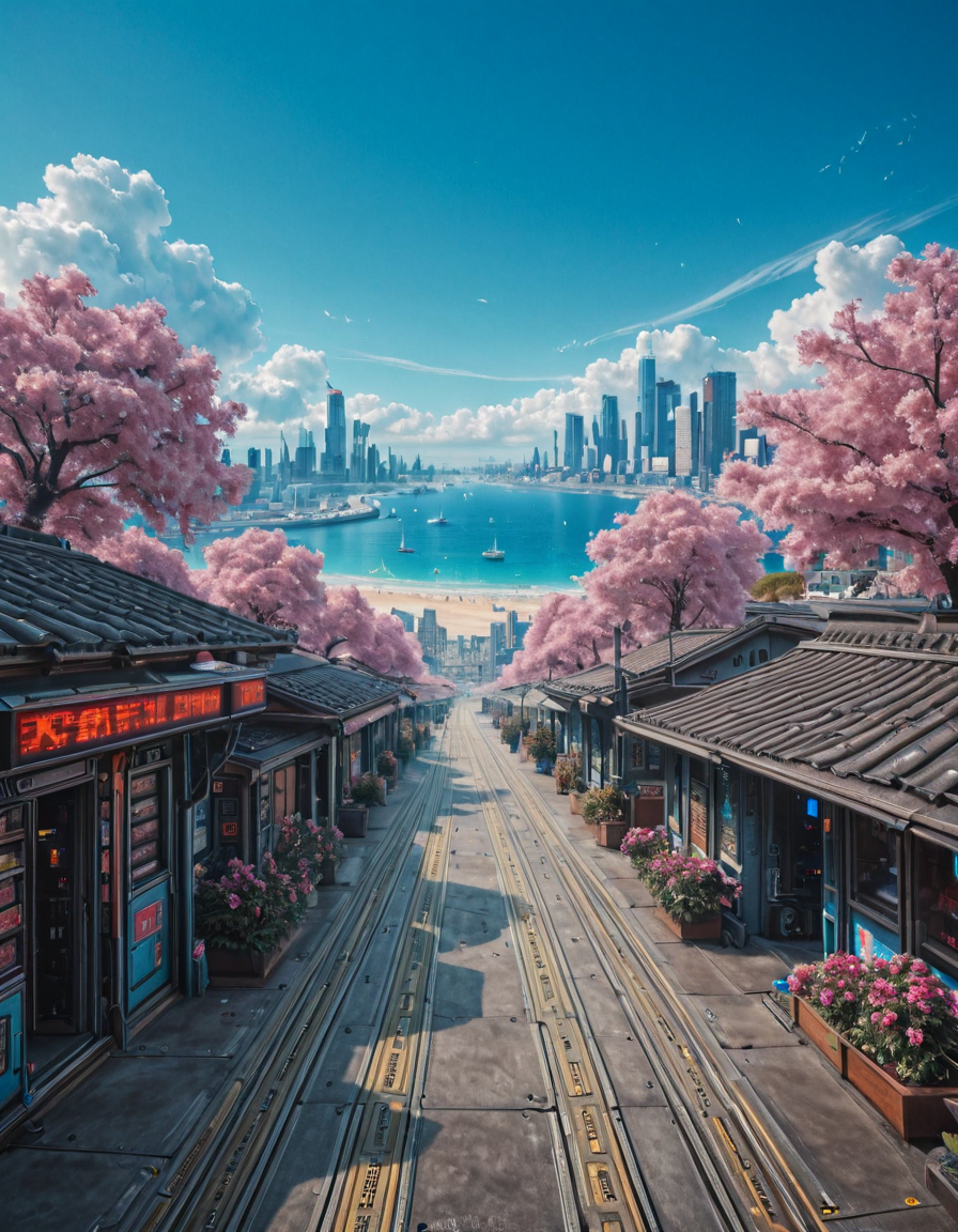 <lora:Space_Worlds_Minis_5:1> swminis5bis, cyberpunk, japan, narrow walkway, blue sky, clouds, seaside, house, trees, flowers,