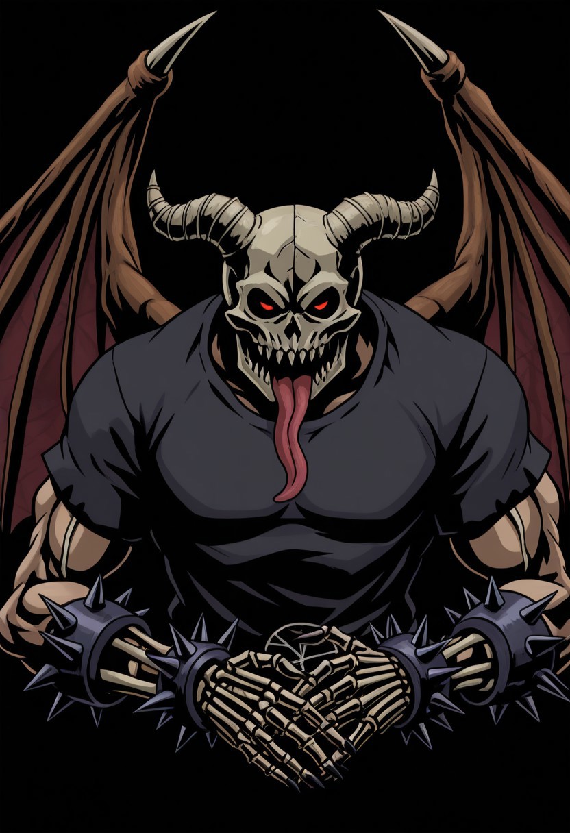 M4j0r4, anime coloring, flat colors, (dark shading 1.4),chidaruma, portrait, face focus, 1boy, tongue out, demon wings, spiked bracelet, teeth, fingernails, pentagram, traditional media, black background, skeletal hands, bold lines, high contrast, dramatic shadows, rough textures, strong comic book aesthetic, Black outline, thick outline,