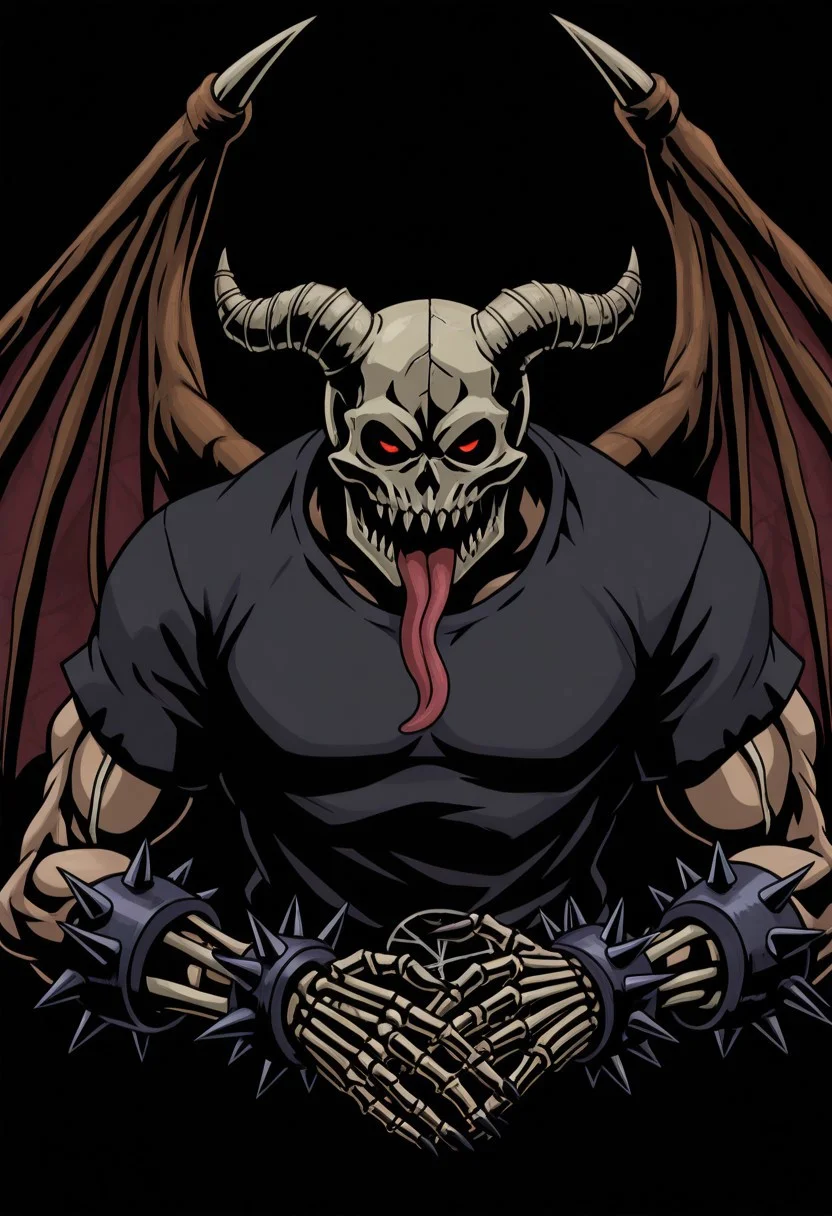 M4j0r4, anime coloring, flat colors, (dark shading 1.4),chidaruma, portrait, face focus, 1boy, tongue out, demon wings, spiked bracelet, teeth, fingernails, pentagram, traditional media, black background, skeletal hands, bold lines, high contrast, dramatic shadows, rough textures, strong comic book aesthetic, Black outline, thick outline,