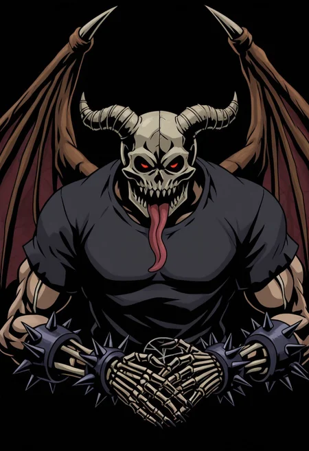 M4j0r4, anime coloring, flat colors, (dark shading 1.4),chidaruma, portrait, face focus, 1boy, tongue out, demon wings, spiked bracelet, teeth, fingernails, pentagram, traditional media, black background, skeletal hands, bold lines, high contrast, dramatic shadows, rough textures, strong comic book aesthetic, Black outline, thick outline,