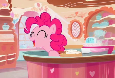 MLP Style, hi_res, score_9, score_8_up, 1girl, source_pony, show accurate, pinkie pie, in sugarcube corner, eyes closed, laughing, baking, sharp focus <lora:MLP_Style_V2-000008:1>