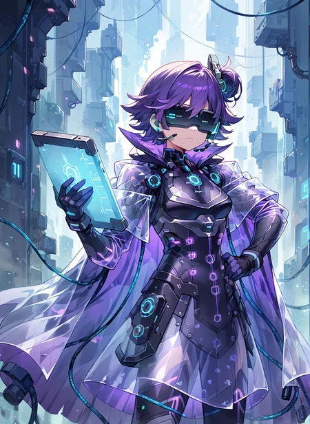 score_9, score_8_up, score_7_up, high quality, 1girlï¼backup sceretary , purple hair, hand on hip, cape, short hair, gloves, see-through,earphone,  Head-mounted displayï¼wire
standingï¼Hold. Tablet
<lora:add-detail-xl:1>. Cyberspaceãfront view    <lora:backup sceretary v8:1>