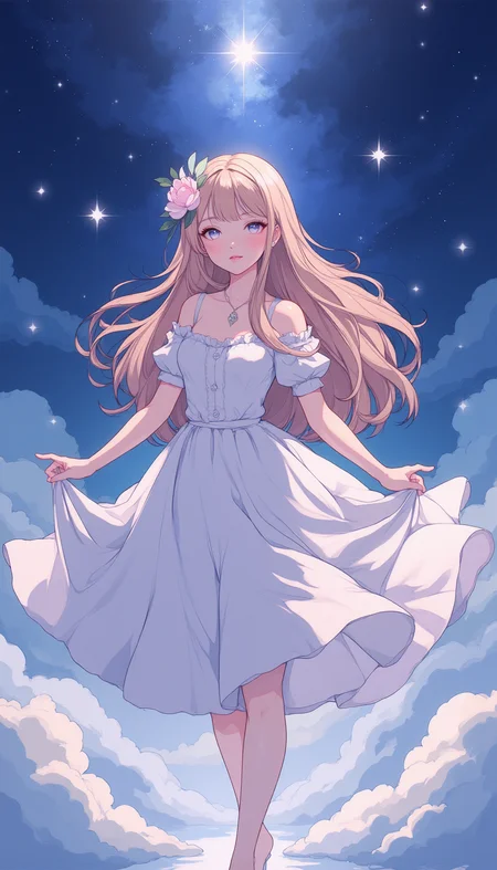 A high-quality, whimsical digital artwork in the style of pinksoftcoreanime, 
A celestial figure in a flowing gown, surrounded by falling stars and a luminous sky.
