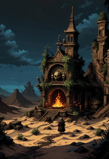 score_9, score_8_up, score_7_up, yamer_pixel_fusion, pixel art, badlands, desert, night, grimdark, bloodborne, Castlevania, hyper-detailed, dark fantasy, scenery, d3p1x3l, pixel art