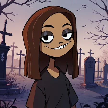 score_9, score_8_up, score_7_up BREAK KimCat, 1girl, long brown hair, tan skin, black eyes, tooth gap, goth fashion, ignoring viewer, night cemetery outdoors, night graveyard, solo, solo focus,