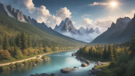 (masterpiece, high quality, highres,Highest picture quality), (Master's work),
detailed background, masterpiece, best quality, scenery, mountains, river, forest, sun, day, clouds,
<lora:epiNoiseoffset_v2:1>, <lora:mochaBeautifulSky_v10:0.6>