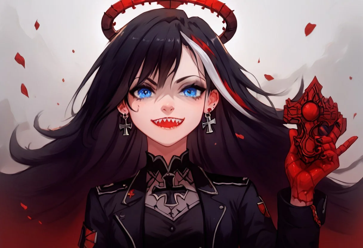 score_9, score_8_up, best quality, seraziel, Black Hair, Long hair, Streaked Hair, Multicolored Hair, Blue Eyes, 1girl, very aesthetic, masterpiece, 8k, black dress, deutschland, iron blood \(emblem\), military clothes, german jacket, goth, iron cross, cross earrings, iron cross earrings, sharp teeth, background halo, five fingers, perfect hands, ultra-detailed, aesthetic, illustration, intricate details, absurdres, (hires textures: 1.4), (best quality, high detail:1.4), (incredibly detailed:1.4), vivid colors, detailed face, (gorgeous lips: 0.2), perfect skin, perfecteyes, solo, (atletic body:0.9)