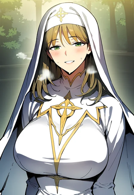 score_9, score_8_up, score_7_up, score_6_up, source_anime, rating_explicit, <lora:neg4all_bdsqlsz_V3.5:2.0>1girl, (solo:1.2), huge breasts, <lora:Anna Primroseponyxl:1>nun, habit, blonde hair, long hair, green eyes, brown hair, smile, long sleeves, white dress, white robe, Narrow shoulders, heavy breathing, sweat, steaming body, forest, outdoor, looking at viewer