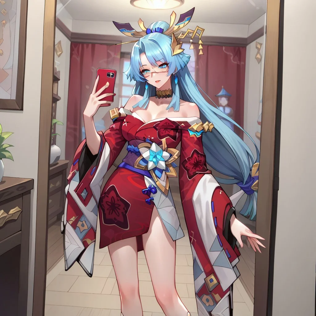 Expressiveh,1girl, mature female, verkmn, long hair, blue hair, blue eyes, low-tied long hair, bare shoulders, semi-rimless eyewear, hair ornament, hair stick, earrings, choker, red kimono, japanese clothes, wide sleeves, long sleeves, obi, platform footwear, white socks,, mirror, room, holding phone, selfie, solo, hand on own hip, score_9, score_7_up,anime coloring ,source_anime, anime, anime screencap,