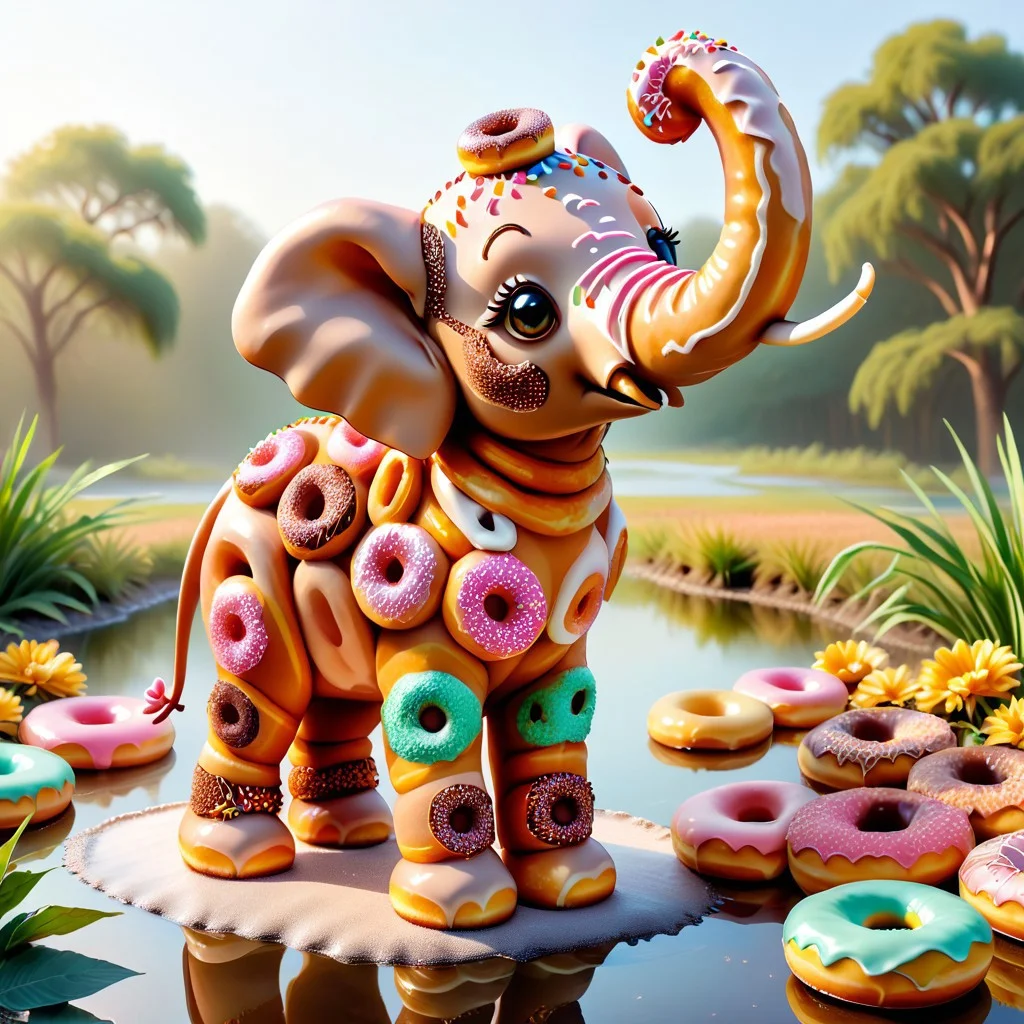 DonutMention, a cute elephant made of doughnuts, sprinkles, standing at a pond full of icing glaze, in a savannah covered in donuts, complimentary colors, high detail, masterpiece, vivid