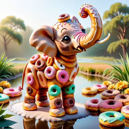 DonutMention, a cute elephant made of doughnuts, sprinkles, standing at a pond full of icing glaze, in a savannah covered in donuts, complimentary colors, high detail, masterpiece, vivid