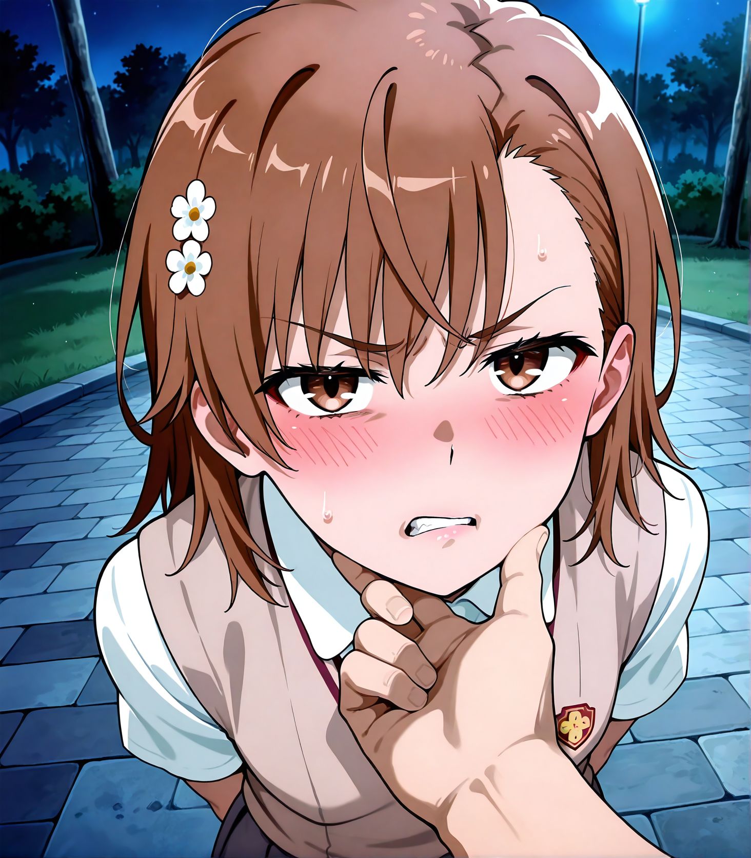 masterpiece, best quality, newest, absurdres, highres, detailed eyes, beautiful, detailed background, perfect eyes, anime coloring, anime screencap,<lora:add-detail-xl:0.5>
<lora:Glaring_expression:0.6>Glaring_expressionV1, 
1girl,hetero,1boy,solo focus,pov, annoyed expression,
hand on another's chin,glaring expression,blush, 
grab the chin,angry, v-shaped eyebrows, angry, 
Scowling face,	disgust, Tsk,parted lips,
20YO, milf,
BREAK
toaru kagaku no railgun, 
school uniform, 
night,park,  
misaka mikoto,