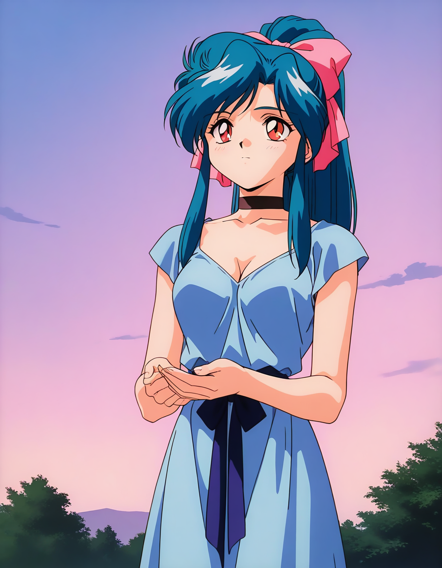 general,highres, ultra-detailed,very aesthetic,best quality ,best hands,  BREAK <lora:Diana_Minerva_no_Kenshi_IS:1>Diana, 1girl,solo, blue hair, long hair, red eyes, bangs, ponytail, sidelocks, medium breasts, hair bow, aqua hair, pink bow,
1990s \(style\),anime coloring, 
solo, choker, ribbon, closed mouth, brown eyes, bow, blue dress,
cleavage,
outdoor, sky,