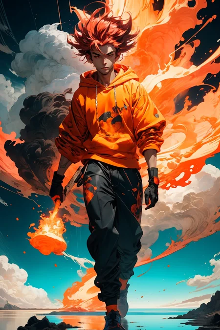 masterpiece, best quality, 1boy, skinny, intricate detail, flame headwear, headphones, brown eyes, feet out of frame, wind, floating hair, flame, gloves, Orange hoodie with flame print, anime screencap, aura,
<lora:more_details:0.4>
<lora:Cosmic anime-oil fusion v2:0.4>
<lora:AnimeVibesV3:0.25> animevibes,
<lora:3DMM_V11:0.5> 3DMM
<lora:midjourney_20230624181825:0.4> midjourney ,
<lora:LAS:0.25> colorful, clouds,
<lora:msw_locon-t2:0.45>
<lora:wuxia2:0.5> gu, shiny, shiny hair, shiny skin, shiny clothes