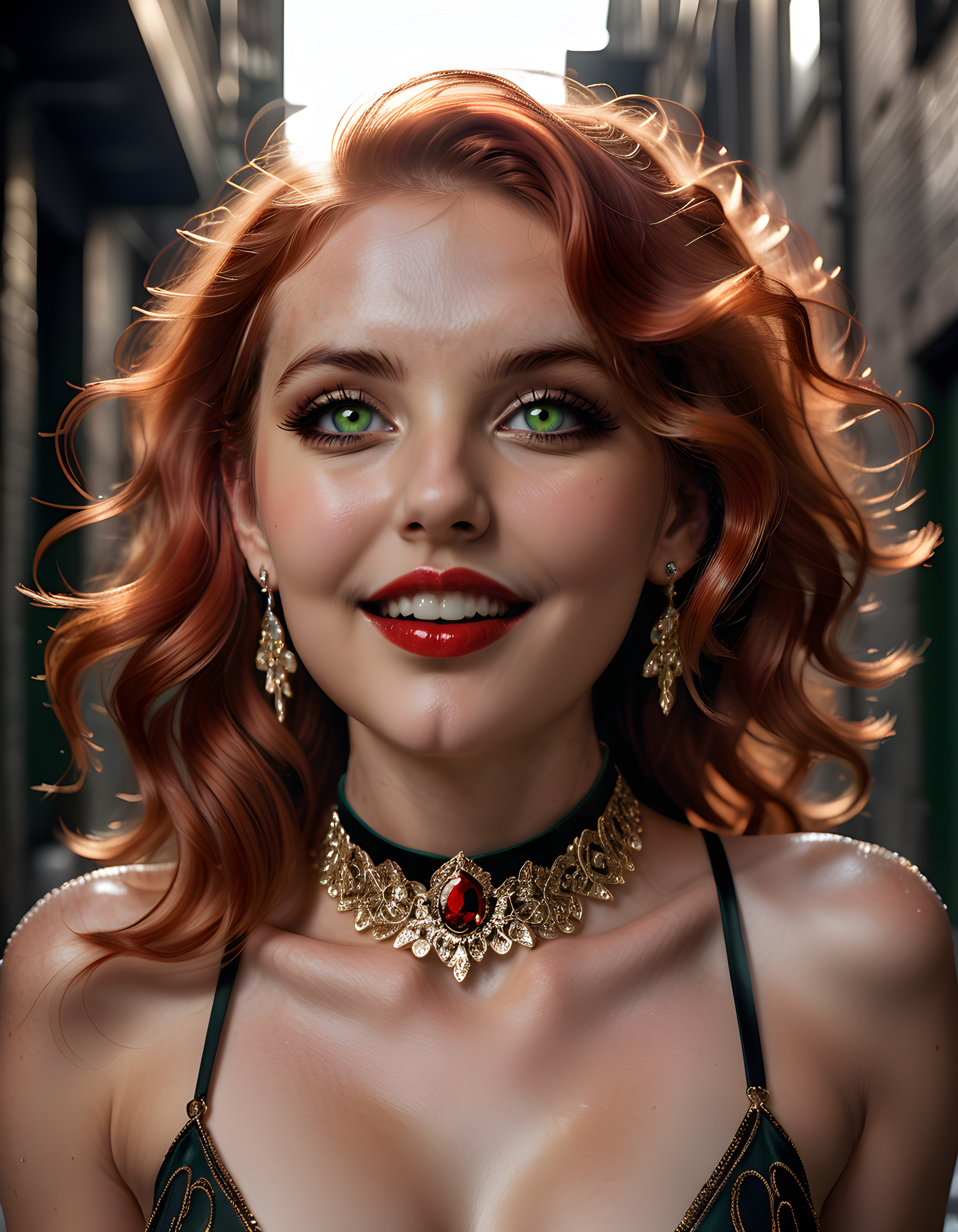 In a gritty, noir-inspired setting reminiscent of 1940s New York City, a close-up image captures CL4R45 - a woman with fiery red hair cascading down her back in loose waves, adorned in a sleek, black satin dress with intricate gold patterns and a plunging neckline that frames her delicate freckled skin. Her lips are painted a bold, crimson red, and she wears an extravagant, rhinestone-encrusted choker around her neck. The scene is bathed in low, dramatic lighting, casting long, ominous shadows across the concrete backdrop of a dimly lit alleyway. Her striking green eyes sparkle with a playful mischief as she flashes a captivating smile, her teeth glinting just so against the soft focus of the lens, all while maintaining an enigmatic air that hints at secrets hidden beneath the surface, in a portrait shot from a low angle looking up, emphasizing her strength and confidence.