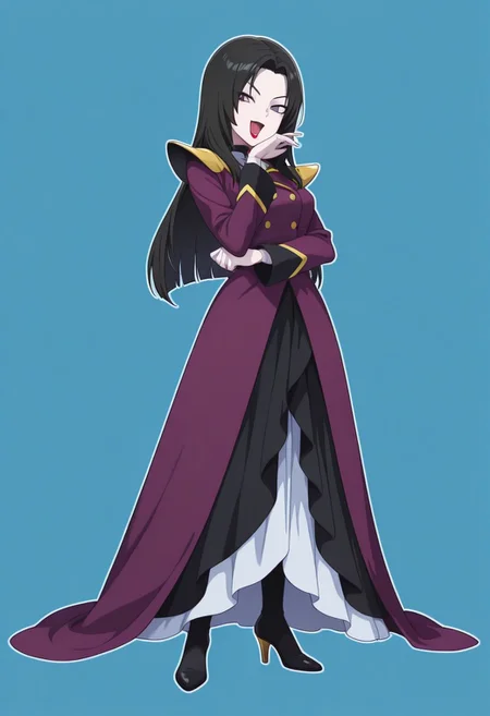 1girl,solo,cute,
Kita Nayuta,pale skin, black hair, straight hair, long hair, sharp eyes, red lipstick, purple eyes,
long coat, purple coat, gold trim, black dress, layered skirt, grey accents, high heels,
standing, looking at viewer, full body ,
ojou-sama pose
Simple blue background,two-tone,background,white outline,(soft focus:1.3),
masterpiece, amazing quality, best quality, ultra-detailed, 8K, illustration, CG, shiny hair, clear skin, ultra-detailed-eyes, eyelashes, highly detailed,