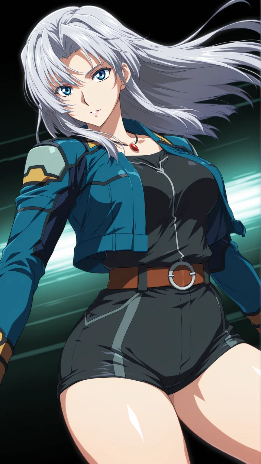 source_anime, general, best quality, masterpiece, 1girl, <lora:Calvina_ill:1> calvina\(srw\),silver hair,long hair,blue eyes,thighs, jewelry, thick thighs, necklace, blue jacket, black_shirt,black_short shorts,belt,dynamic pose, dutch angle,