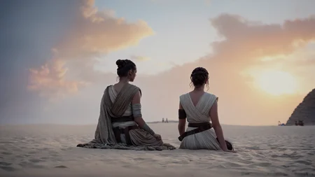 cinematic film still of <lora:star wars style:0.2>
<lora:detailed:0.4> detailed
<lora:perfection style:0.4> perfect
<lora:PerfectEyesXL:0.5>
<lora:Chiaroscuro Lighting Style:0.3>
<lora:Jakku:0.9>
Jakku a painting of two people on a beach,in star wars style,outdoors,sky,artist name,cloud,cloudy sky,scenery,sunset, shallow depth of field, vignette, highly detailed, high budget, bokeh, cinemascope, moody, epic, gorgeous, film grain, grainy