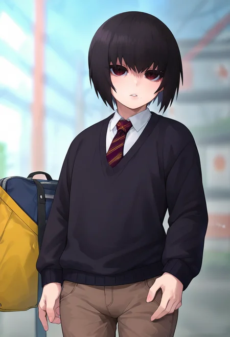 score_9, score_8_up, score_7_up, solo, , <lora:add-detail-xl:3>,
BREAK
<lora:ain_in:0.8>, kuro, crimson eyes, black hair, short hair, otoko no ko, mole under mouth, expressionless,
school outfit, collared shirt, necktie, black sweater, brown pants,
BREAK
solo, standing, ,