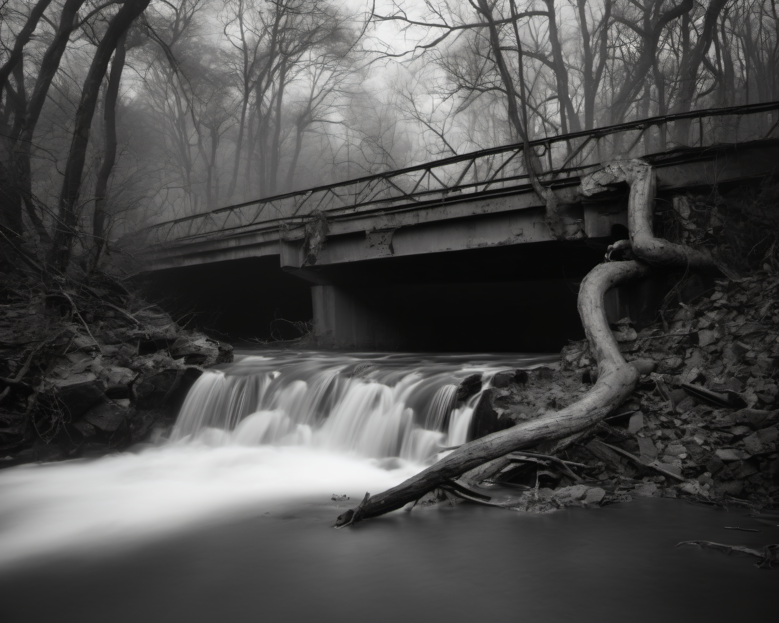 on a post-apocalyptic collapsed bridge, scattered twisted metal, concrete blocks, flowing river, rusting cars., by Nick Brandt, SZ_4poXL enviroment   <lora:Post ApocalypticXL_v2:0.6>
