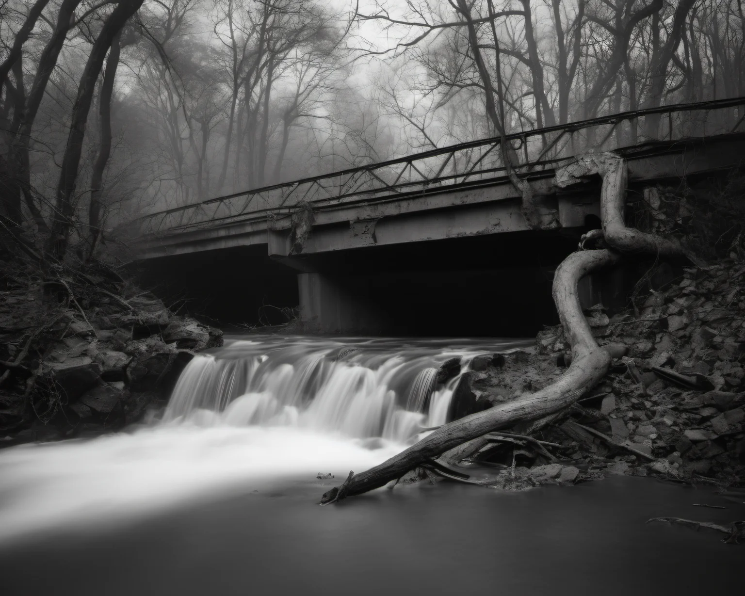 on a post-apocalyptic collapsed bridge, scattered twisted metal, concrete blocks, flowing river, rusting cars., by Nick Brandt, SZ_4poXL enviroment   <lora:Post ApocalypticXL_v2:0.6>
