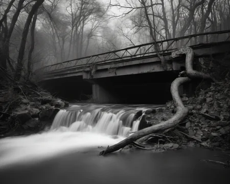 on a post-apocalyptic collapsed bridge, scattered twisted metal, concrete blocks, flowing river, rusting cars., by Nick Brandt, SZ_4poXL enviroment   <lora:Post ApocalypticXL_v2:0.6>