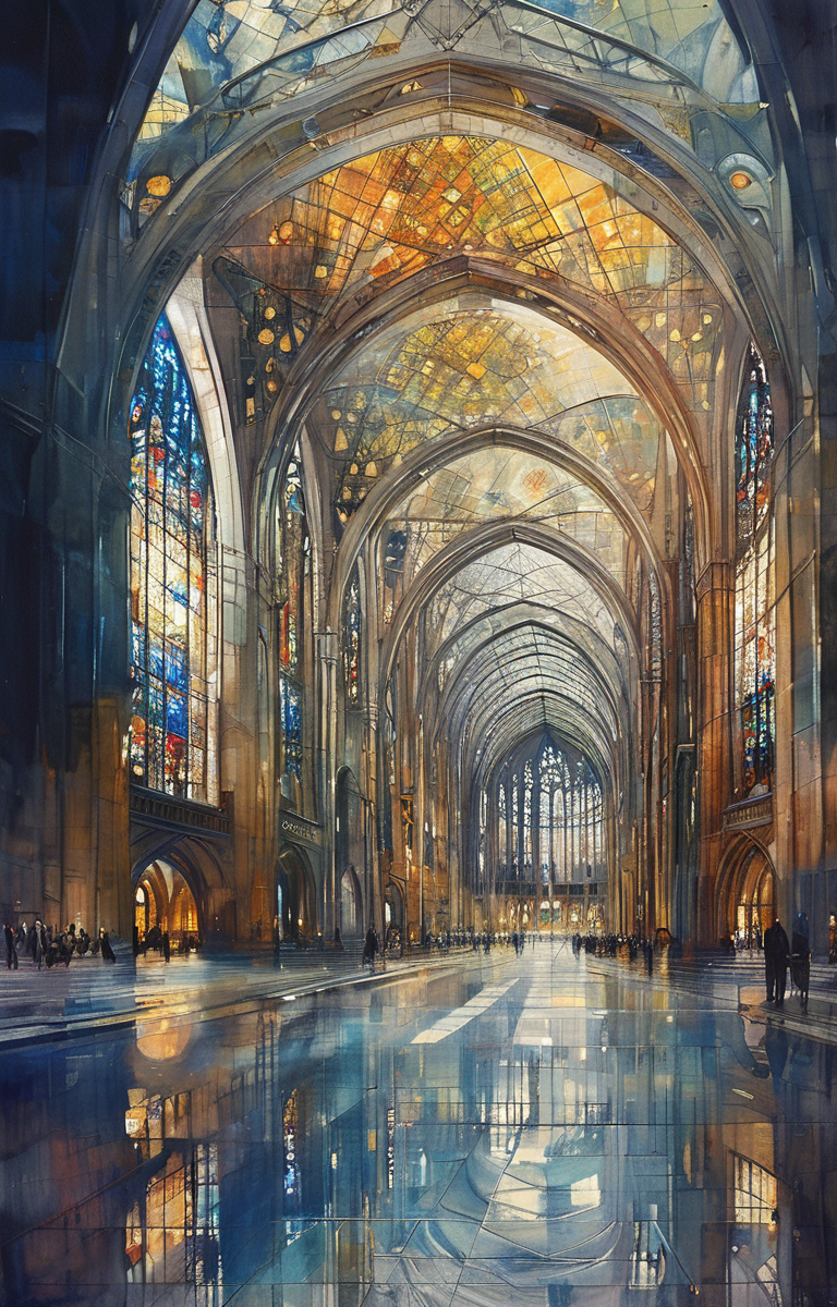 masterpiece,best quality,<lora:tbh304-sdxl:0.9>,illustration,designed by Norman Foster Gothic revival cathedral with intricate spires and stained glass windows, bathed in moonlight